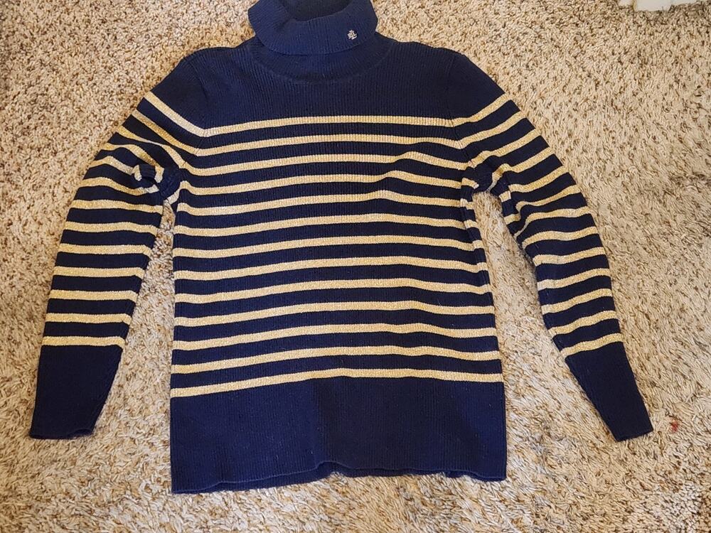 Lauren Ralph Lauren Navy & Metallic Stripe Ribbed Turtleneck Sweater Womens 1x